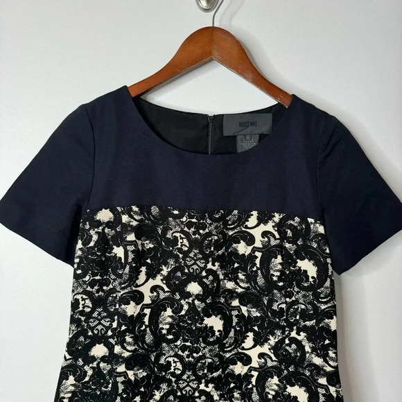 Miss Wu Silk Blend Navy Blue Black Off White Lace Print Short Sleeve Mini Dress - Picture 3 of 15